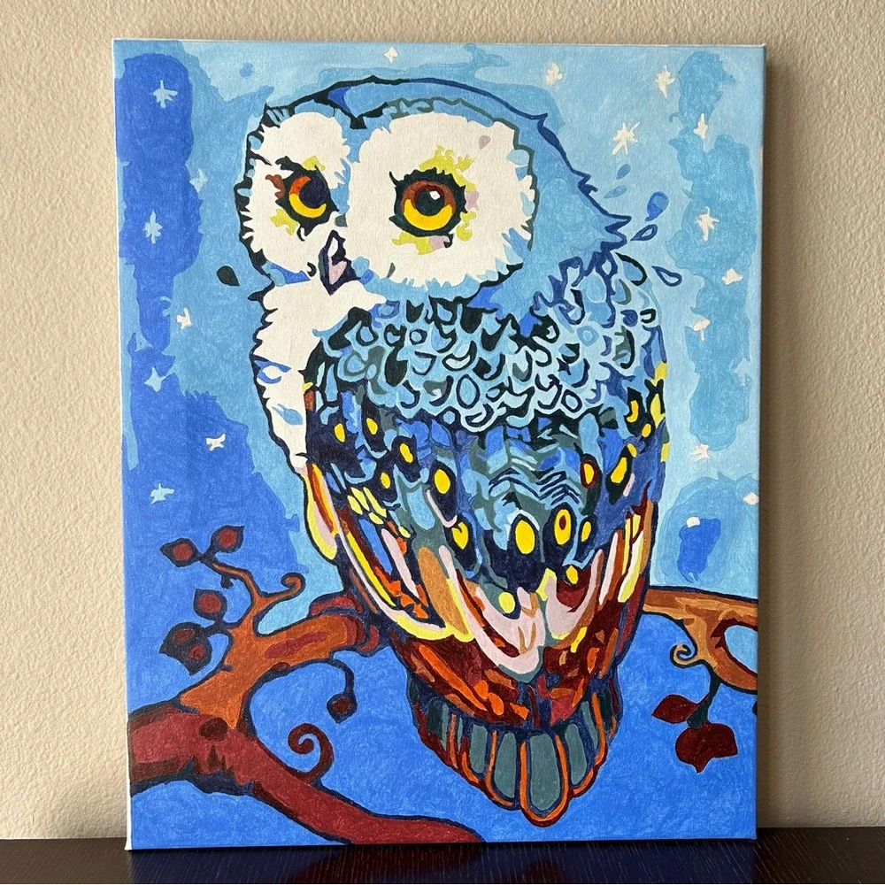 Canvas Oil Painting Blue Owl On Branch Paint by Numbers Stretched Wooden Frame - Picture 2 of 13
